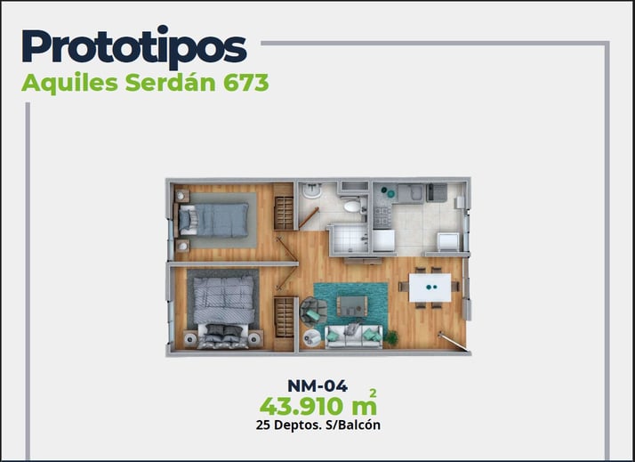 ASER Caracteristicas Departamento. Plano con 2 recamaras, sala comedor, baño y cocina. 43 mts2