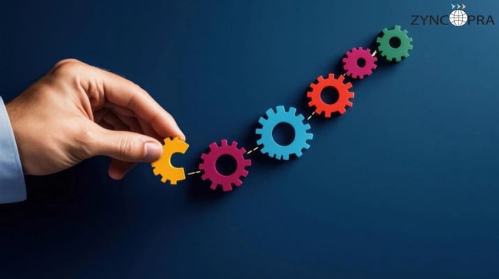 Photo of colorful gears being connected by a hand, showing process management with Zyncopra.