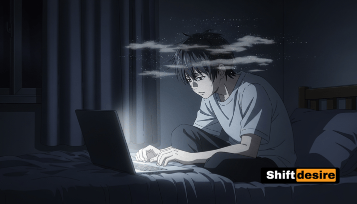 Anime-style scene of a young man alone in a dark bedroom, the only light coming from a glowing laptop screen.
