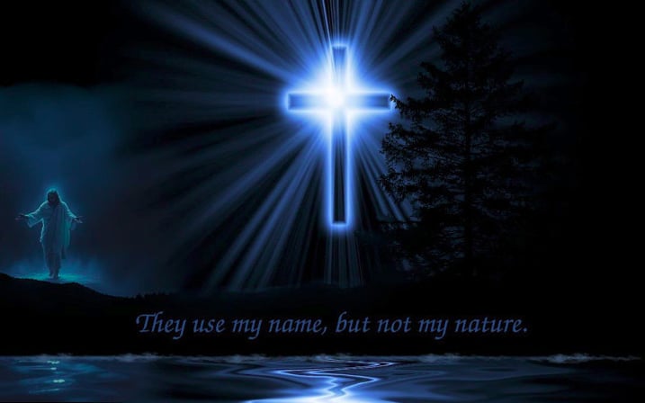 Glowing blue/white cross with Jesus walking on water to the left.Trees on right and a river.