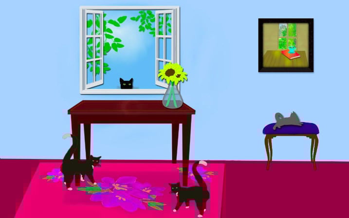 a room with a table and a vase with flowers a picture on wall and a open window with cats all around