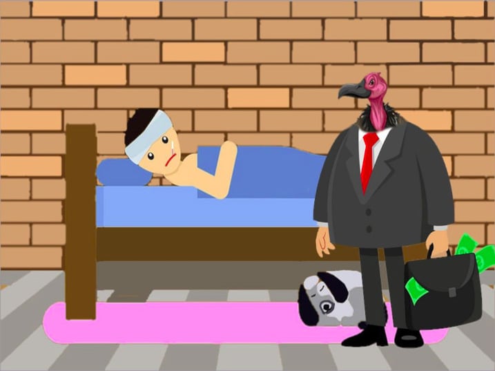 Sick man in bed. Vulture headed business man standing next to bed holding bag full of money.
