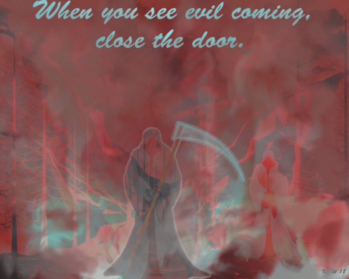 Grim reaper in smoke and fire.