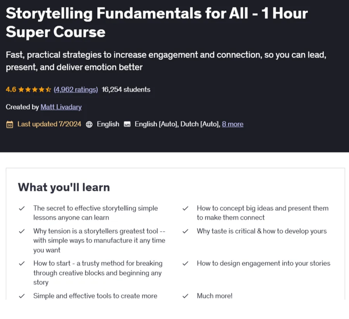 Screenshot of Udemy page for the Storytelling Fundamentals course to improve your writing