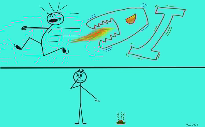 AI monster chasing stickman on top frame. Bottom frame man lost his poop.