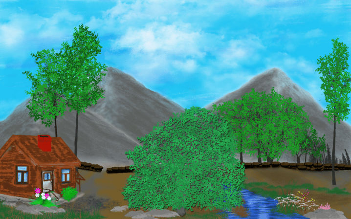 A cabin by a stream with flowers, trees and background of mountains.