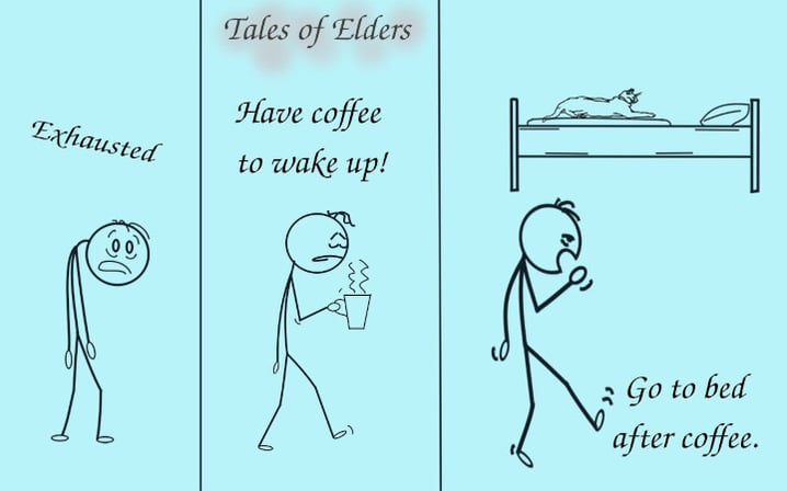 Tired stickman having coffee, goes to bed anyway.