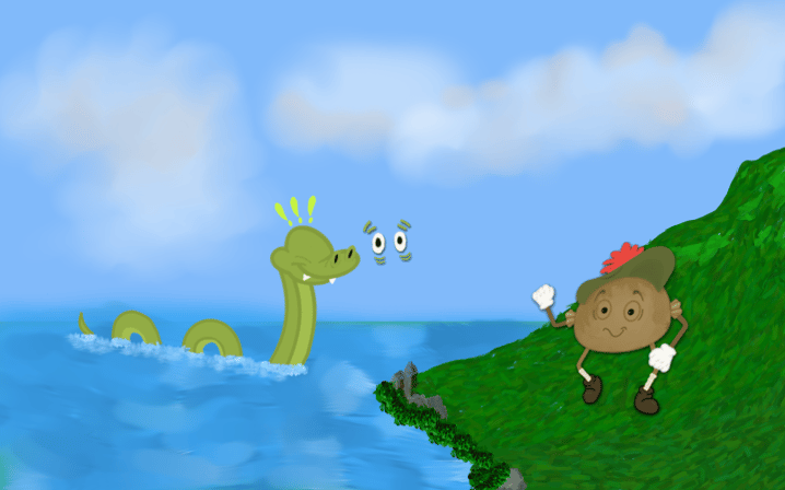 Nessie with eyes popping out watching a running haggis.