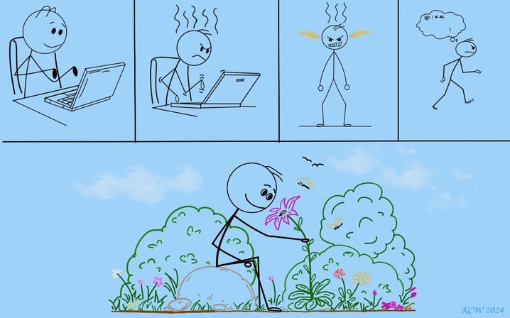 Stick man frustrated with internet ,blows up, goes outside to smeel the flowers.