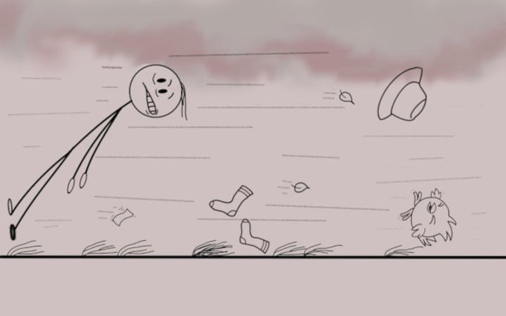 Stick figure cartoon blowing over in the wind. Socks, hat and a chicken in the wind.