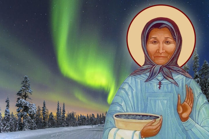 st. Olga under Aurora borealis holding a pot of traditional soup.