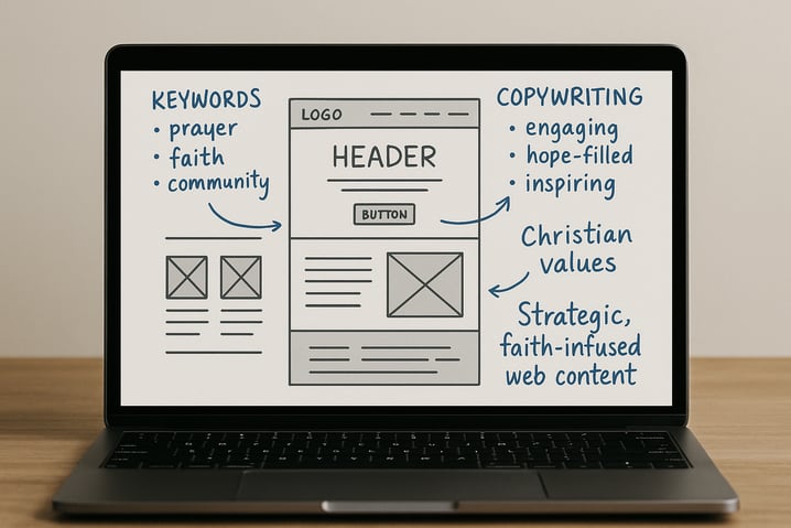 Laptop with website wireframe and copywriting notes for a faith-based therapist