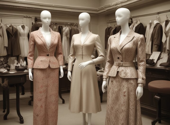 A storefront window of a bespoke tailoring shop displays mannequins dressed in formal suits. Inside, a cozy interior room is visible with a warm yellow light, featuring a person at a desk with a laptop, decorative furniture, and artwork on the walls.
