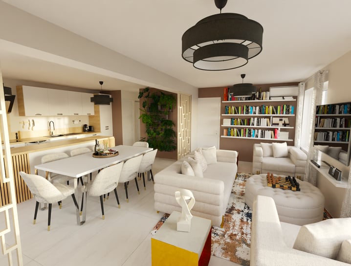 a living room with a table and chairs