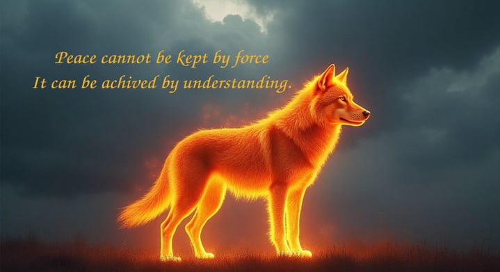 Fire wolf standing on grass with stormy background.