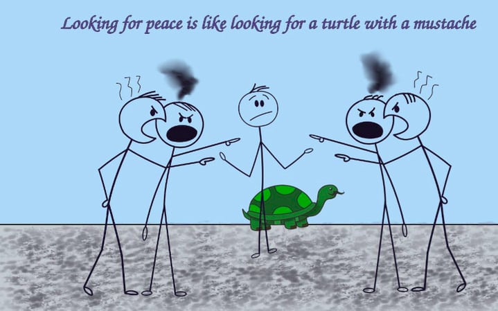 Four cartoon stick figures arguingwhile the middle stick shrugs shoulders. Turtle in the backgroundd