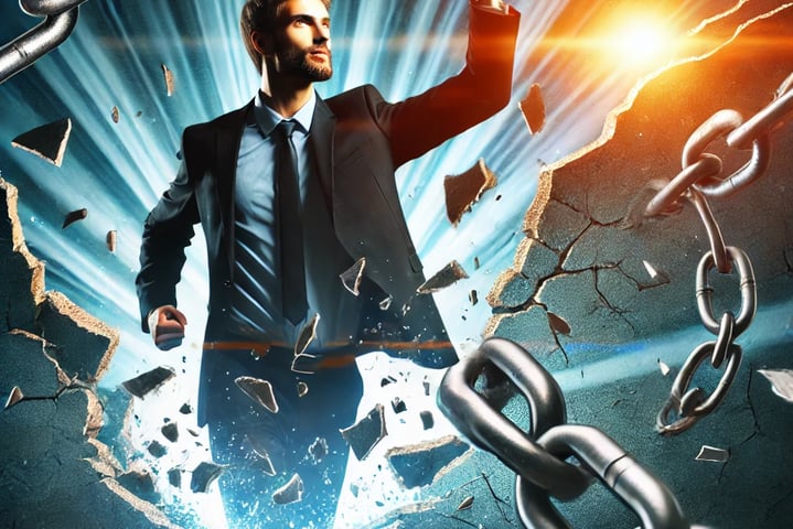 A confident and successful individual breaking through a symbolic barrier, representing overcoming o