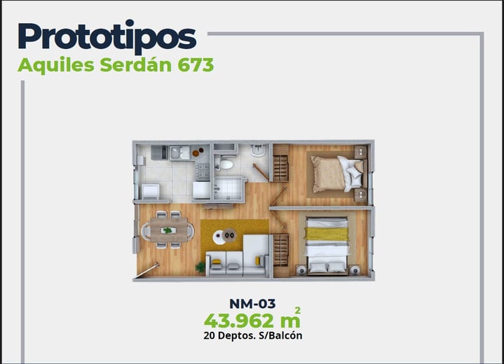 ASER Caracteristicas Departamento. Plano con 2 recamaras, sala comedor, baño y cocina. 43 mts2