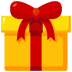 a yellow gift box with a red bow