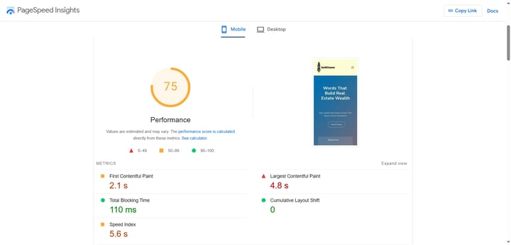 Pagespeed Insights test for Boldrecontent.com