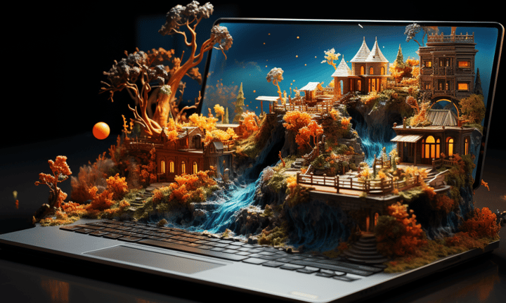 a mystical world pouring out of a laptop screen, representing the volatile world of seo