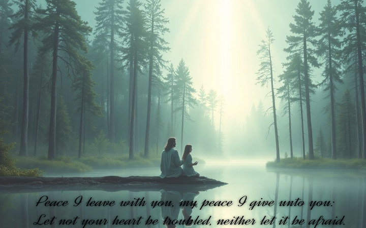 Jesus sitting with a girl on land protruding into the river.