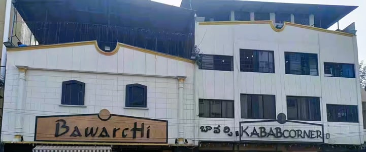 This image shows the Bawarchi Restaurant, located just opposite to Sandhya Theatre, RTC X Roads.