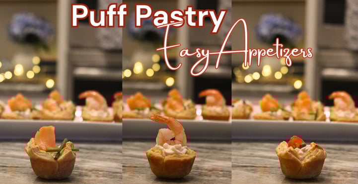 a platter of appetizing food with made with puff pastry and shrimp, chicken and smoke salmon