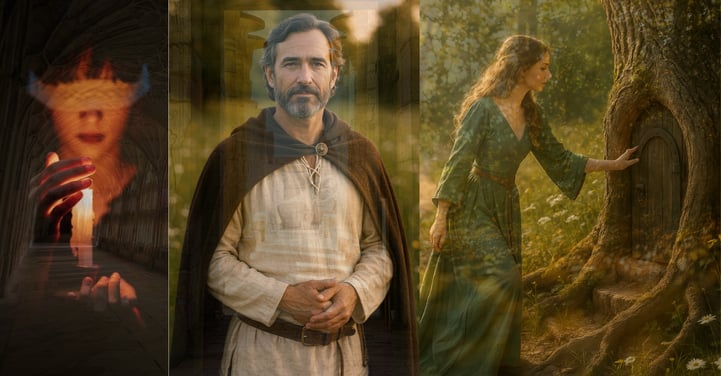 mythic inner trinity: The Mystic Maiden, Sacred Masculine, and Inner Oracle.
