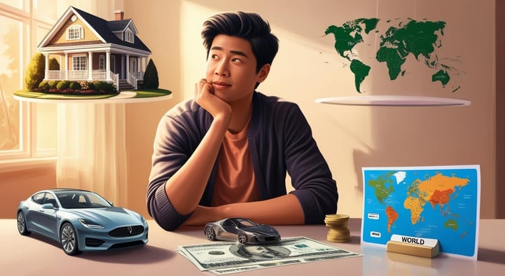 a man sitting at a desk with a car and a map of the world