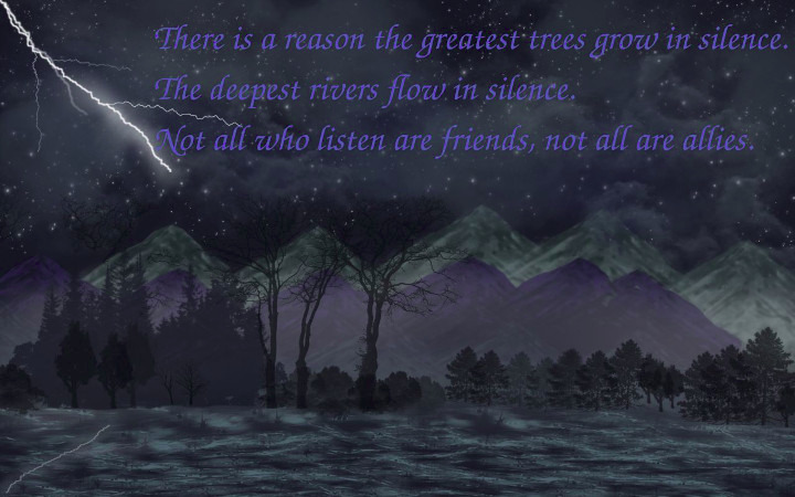 a lightning bolt bolter in the night sky with forest and mountins and words of wisdom.