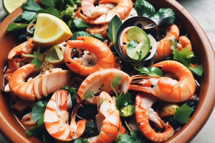 A Brazilian dish in a clay bowl, brimming with hot, delicious, fresh seafood.