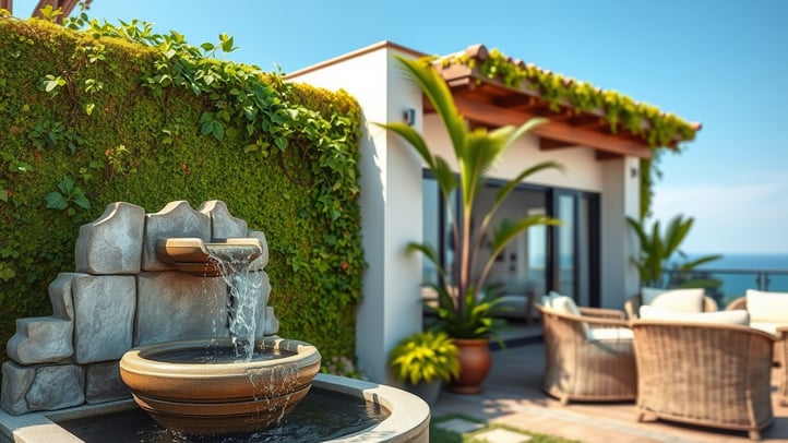 Espaço externo com fonte d'água e parede úmida para climatização natural. Solução sustentável para d