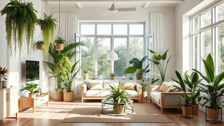 Sala fresca com plantas tropicais que ajudam a refrescar o ambiente. Soluções naturais e acessíveis 