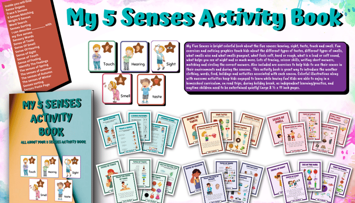 My 5 Senses Activity Book helps teach the 5 senses with colorful activities and exercises!
