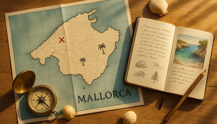 Mapa estilizado de Mallorca con brújula y diario de viaje abierto, simbolizando la planificación para descubrir las calas