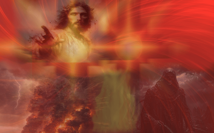 Jesus pointing at al the warmongers saying no.