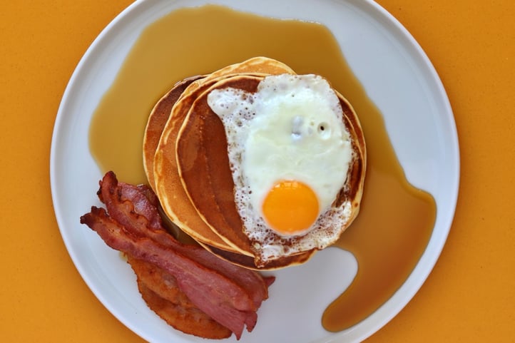 American Pancakes with bacon, egg, and syrup.