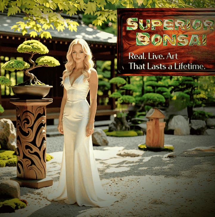 Daughter Bella helping model for Superior Bonsai Store's brand image.  Image of logo and tagline.