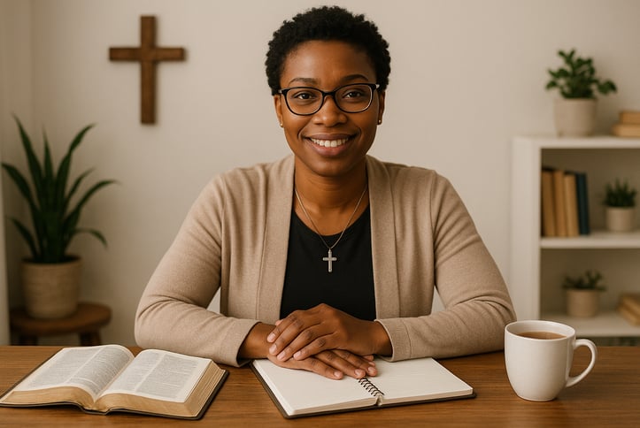 Christian therapist journaling with an open Bible and tea on a desk.