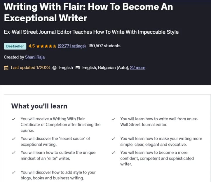 Screenshot of the writing with flair course on Udemy to elevate your writing