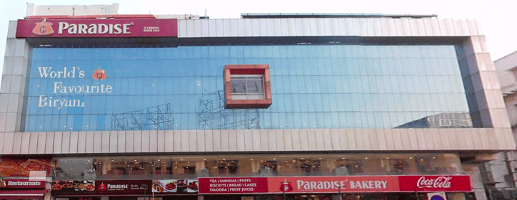 This image shows the Paradise Biryani Restaurant, located near Ramgopalpet, Secunderabad.