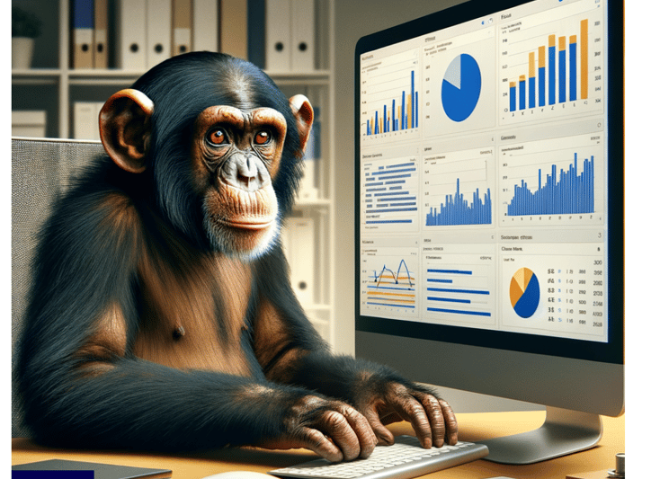 a monkey chimpo monkey sitting at a computer desk