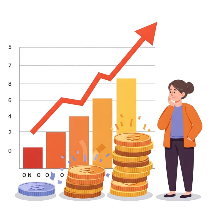 Ilustración de un gráfico de barras ascendentes junto a monedas que pierden valor, con una persona o