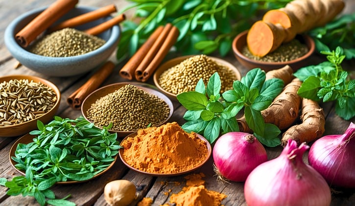 Herbs and onions for natural diabetes management, displayed on a wooden counter.