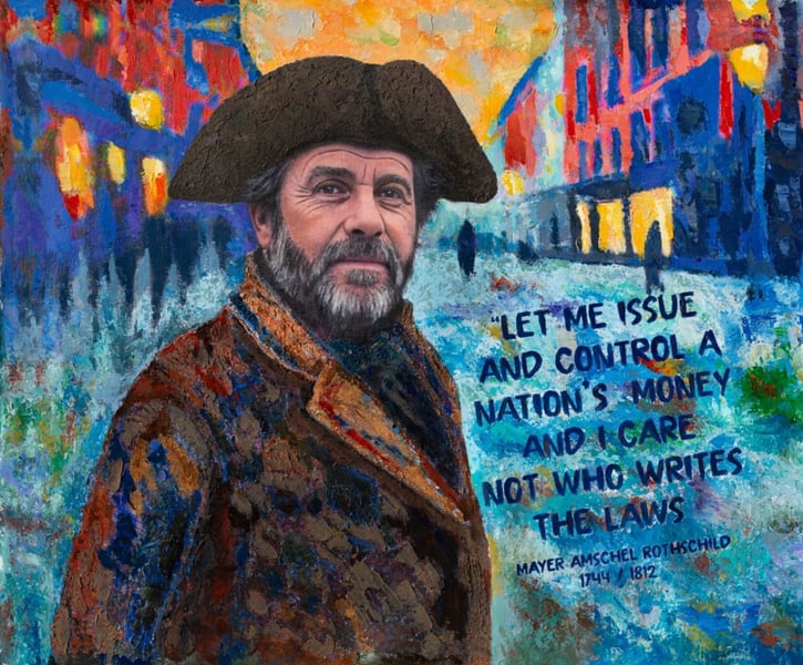 Mixed-media portrait painting of Mayer Amschel Rothschild by Martin Osner, featuring Rothschild in historical setting