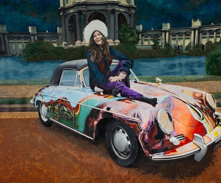 Mixed media painting by Martin Osner depicting Janis Joplin sitting on the bonnet of her psychedelic Porsche 356 convertible