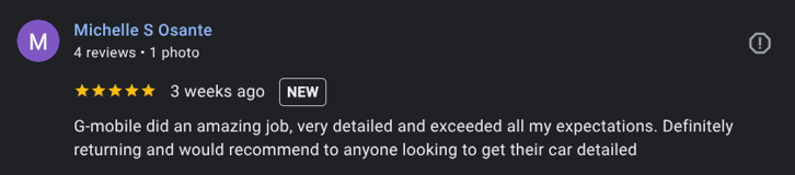 Customer review of professional car detailing services – showcasing mobile car detailing results and