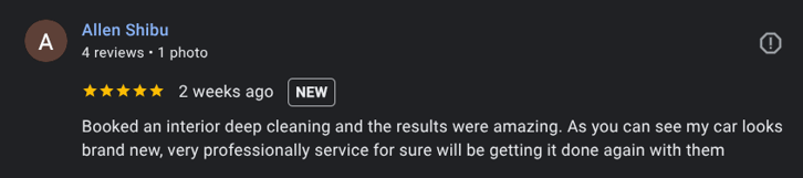 Customer review of professional car detailing services – showcasing mobile car detailing results and