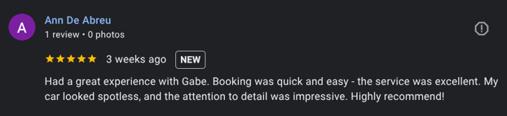 Customer review of professional car detailing services – showcasing mobile car detailing results and